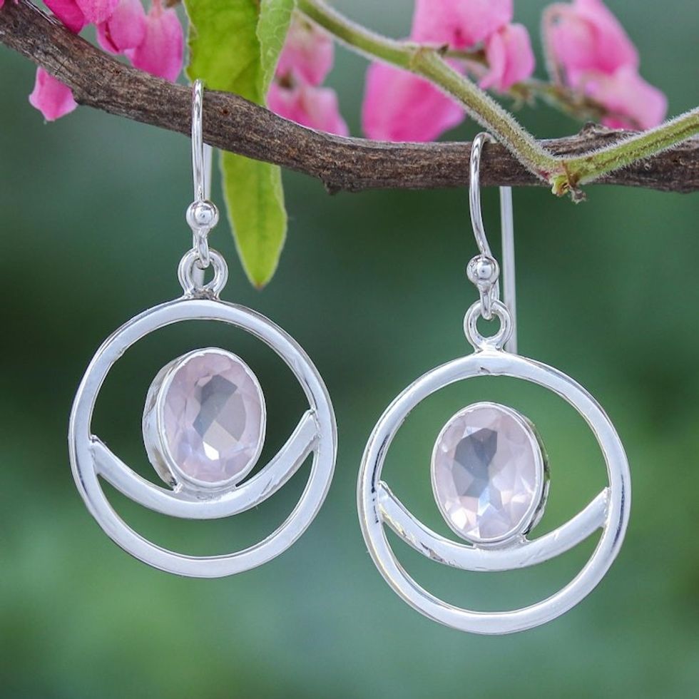 Hand Crafted Rose Quartz Dangle Earrings 'Grinning Moon in Pink'