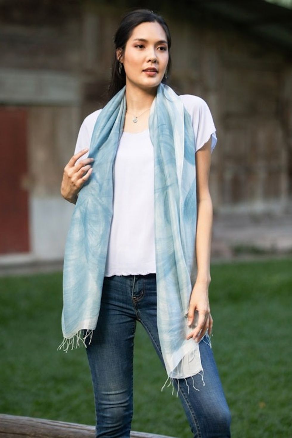 Hand-Painted Flower-Motif Silk Shawl 'Lanna Flower'