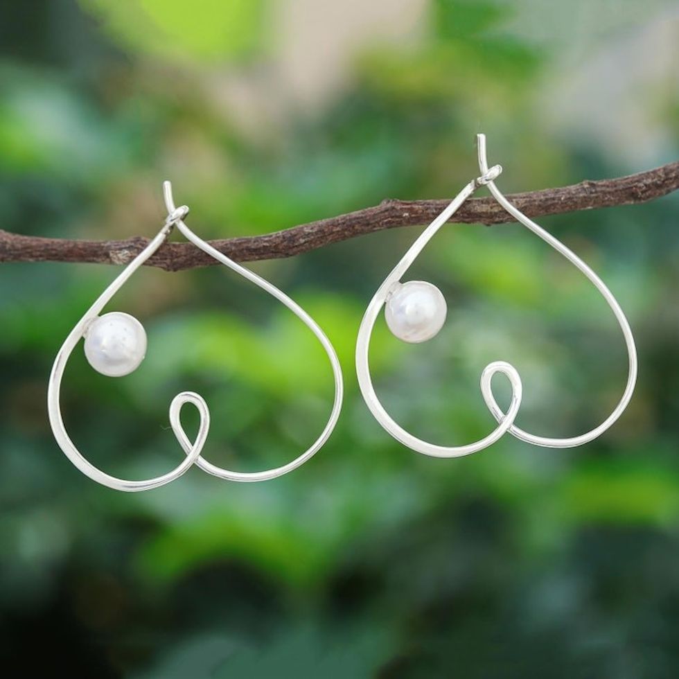 Cultured Freshwater Pearl and Sterling Silver Heart Earrings 'Loopy for Love'