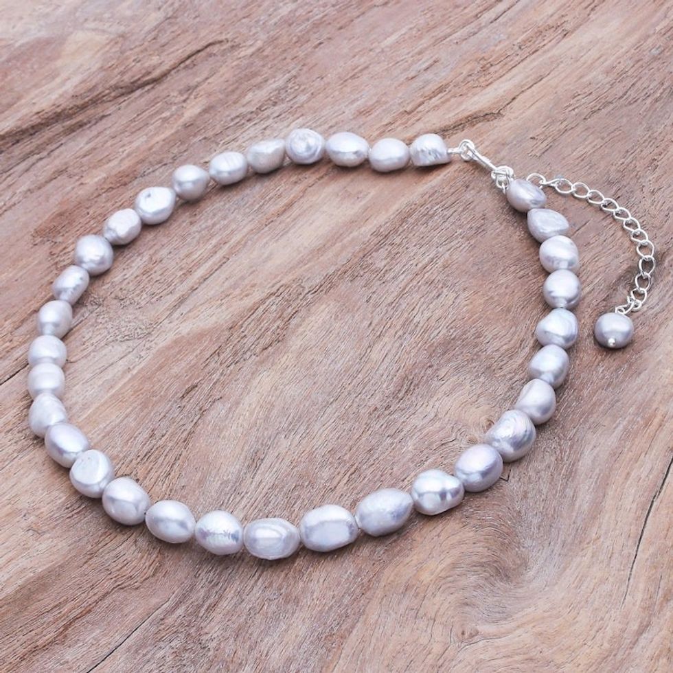 Grey Cultured Freshwater Pearl Choker Necklace 'Mermaid Gem in Grey'