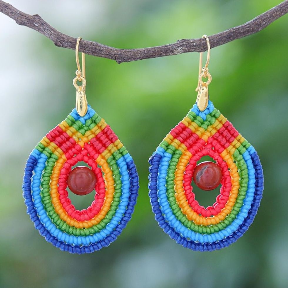 Rainbow Colored Macrame Dangle Earrings with Jasper Stones 'Knotted Rainbow'