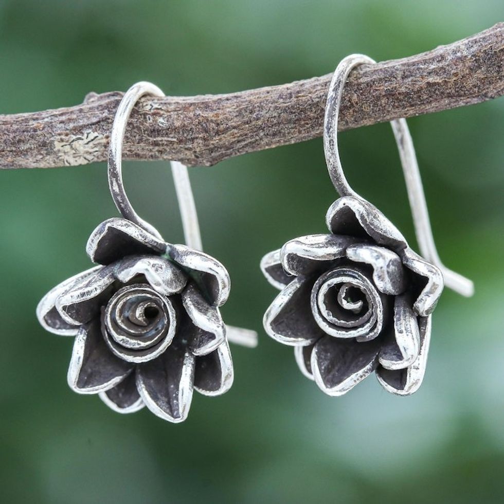 Sterling Silver Floral Drop Earrings from Thailand 'Flowers in the Attic'