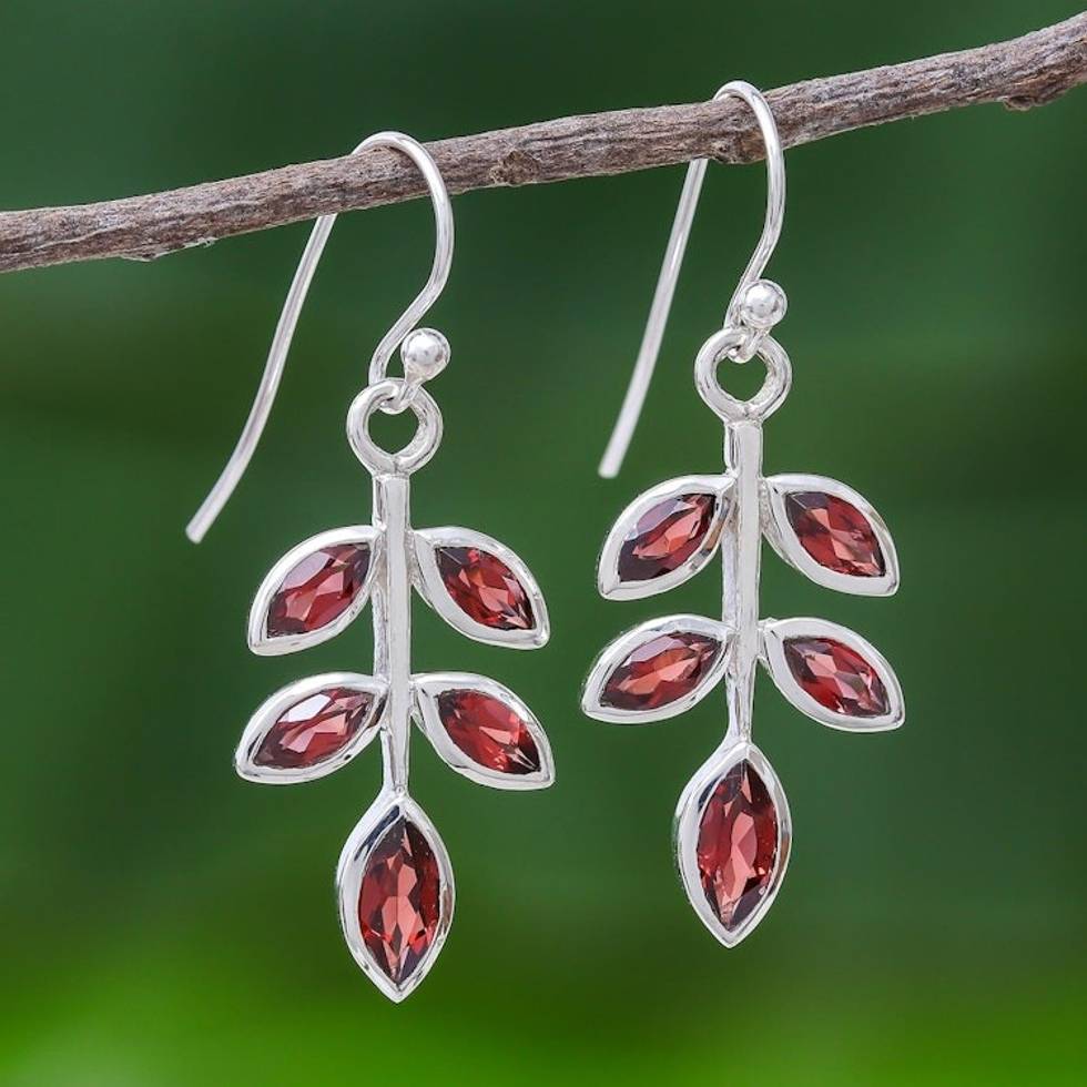 Thai Garnet and Sterling Silver Leaf Dangle Earrings 'Apple Leaves'
