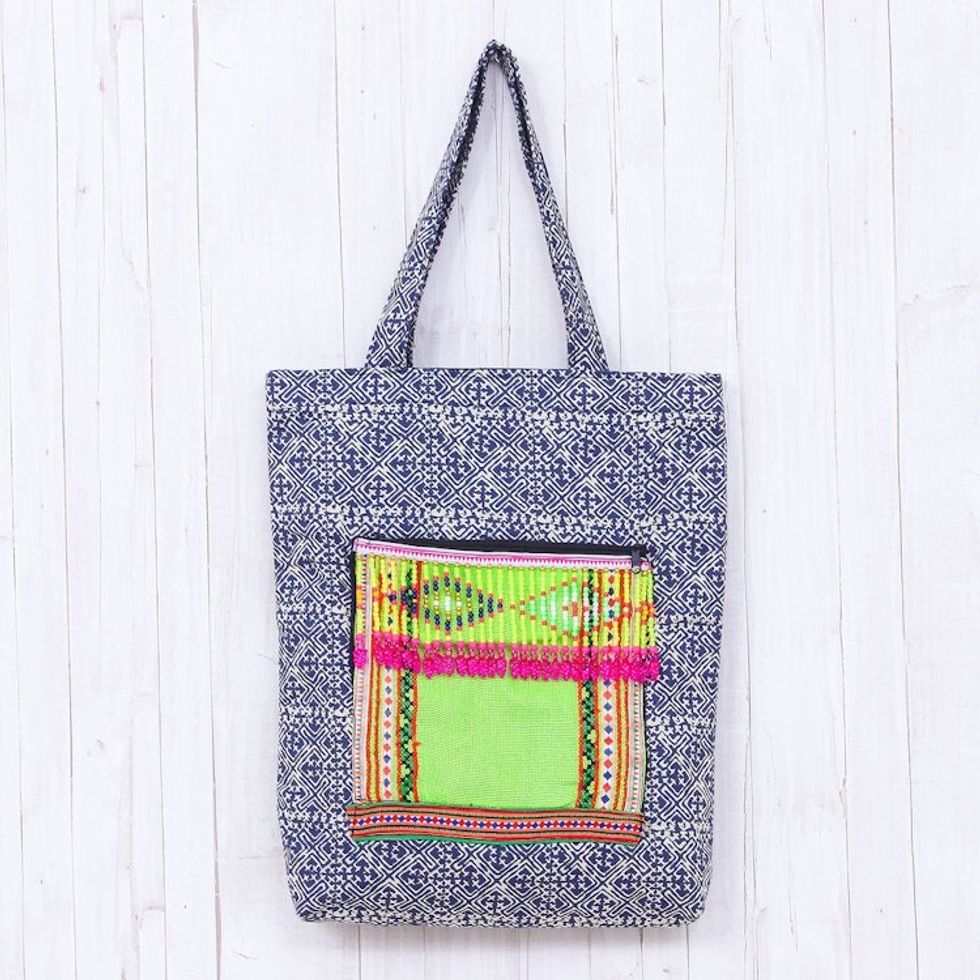 Hmong Cotton Tote Bag with Zippered Patch Pocket 'Hmong Vibrancy'