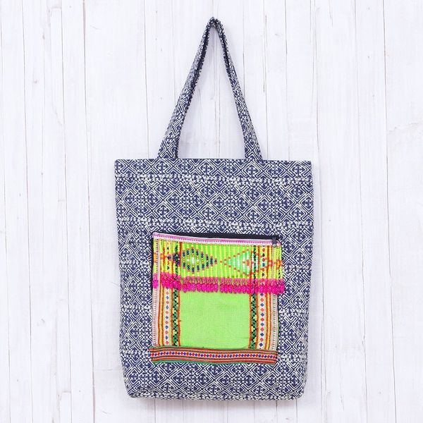 Alternate image for Hmong Cotton Tote Bag with Zippered Patch Pocket Hmong Vibrancy