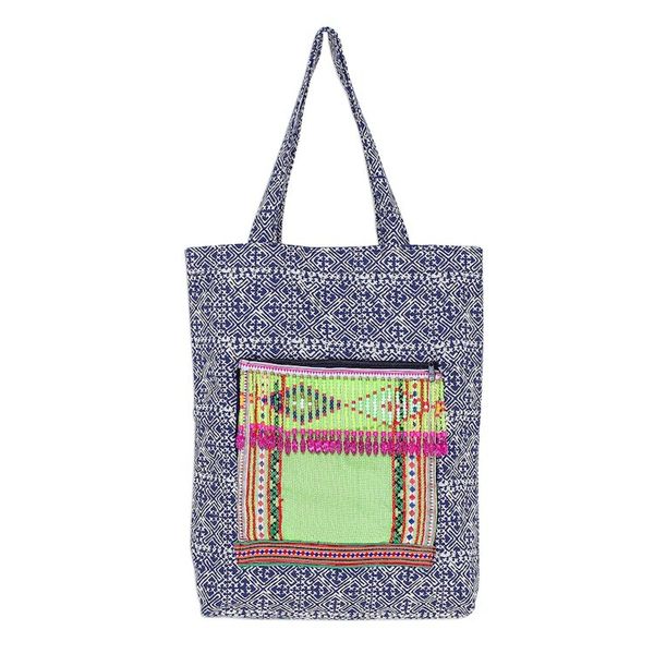 Alternate image for Hmong Cotton Tote Bag with Zippered Patch Pocket Hmong Vibrancy