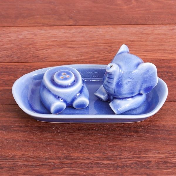 Alternate image for Blue Celadon Elephant Salt and Pepper Set 3 Pieces Magic Elephant in Blue