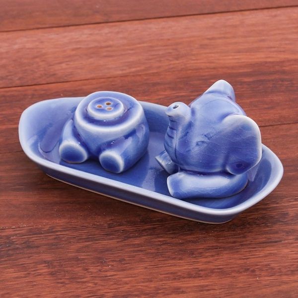Alternate image for Blue Celadon Elephant Salt and Pepper Set 3 Pieces Magic Elephant in Blue