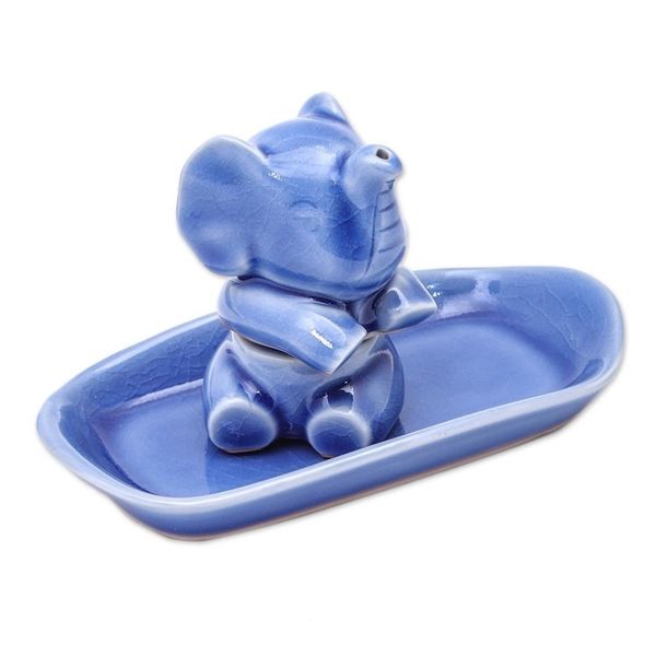 Alternate image for Blue Celadon Elephant Salt and Pepper Set 3 Pieces Magic Elephant in Blue