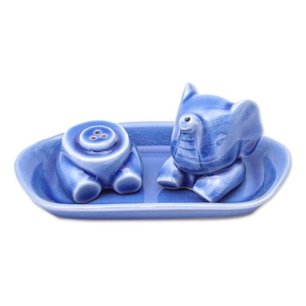 Alternate image for Blue Celadon Elephant Salt and Pepper Set 3 Pieces Magic Elephant in Blue