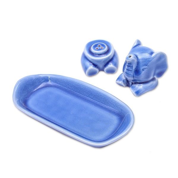 Alternate image for Blue Celadon Elephant Salt and Pepper Set 3 Pieces Magic Elephant in Blue