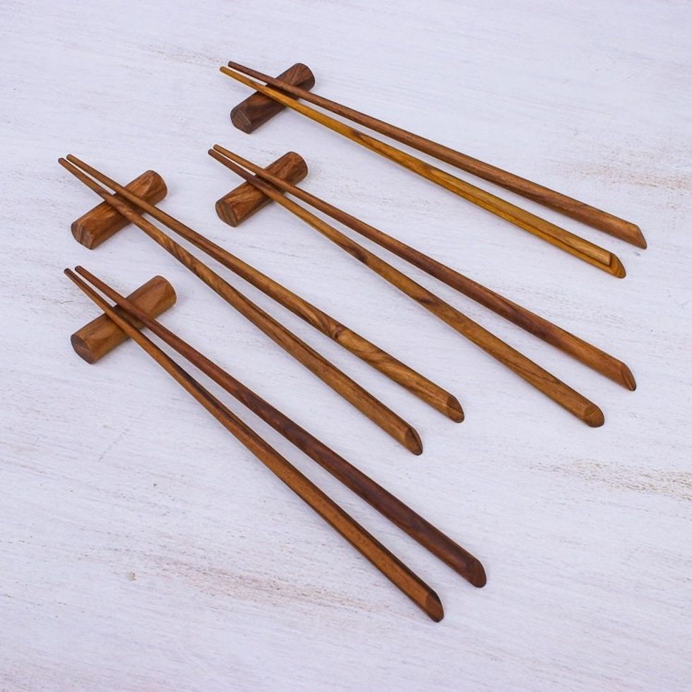 Teak Wood Chopsticks from Thailand Set of 4 with Rests 'Miraculous'