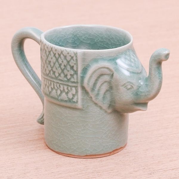 Alternate image for Elephant Themed Celadon Ceramic Mug in Blue-Green Elephant Essence in Spruce