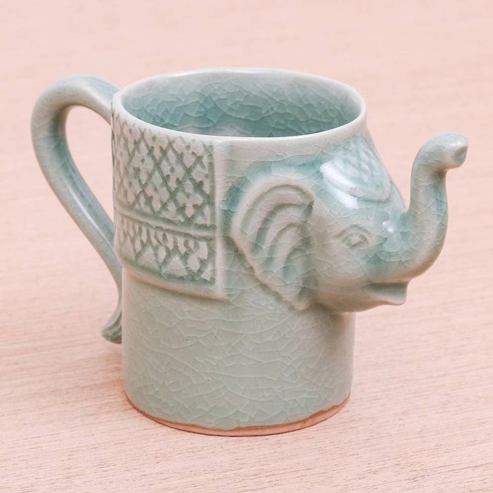 Elephant Themed Celadon Ceramic Mug in Blue-Green 'Elephant Essence in Spruce'