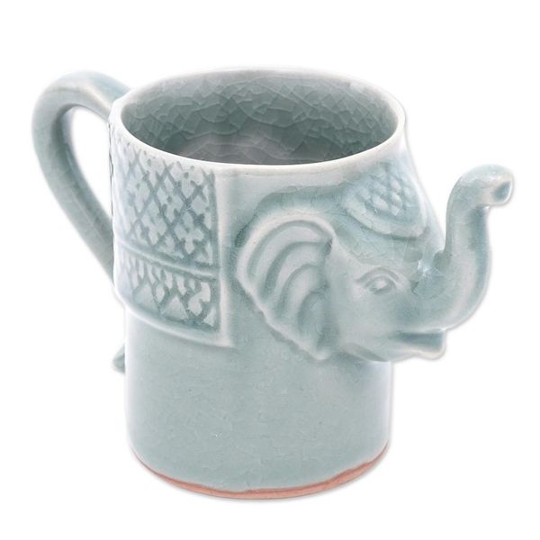 Alternate image for Elephant Themed Celadon Ceramic Mug in Blue-Green Elephant Essence in Spruce