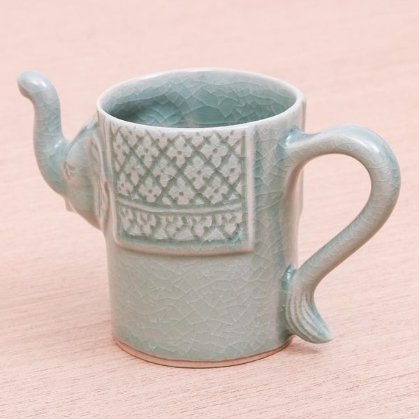 Alternate image for Elephant Themed Celadon Ceramic Mug in Blue-Green Elephant Essence in Spruce