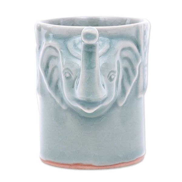 Alternate image for Elephant Themed Celadon Ceramic Mug in Blue-Green Elephant Essence in Spruce