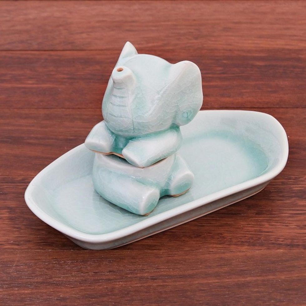 Celadon Elephant Salt and Pepper Set in Aqua 3 Pieces 'Magic Elephant in Aqua'