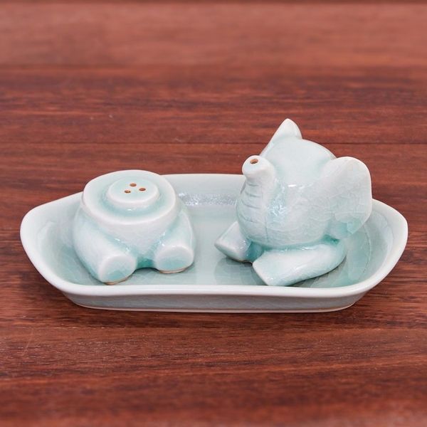 Alternate image for Celadon Elephant Salt and Pepper Set in Aqua 3 Pieces Magic Elephant in Aqua