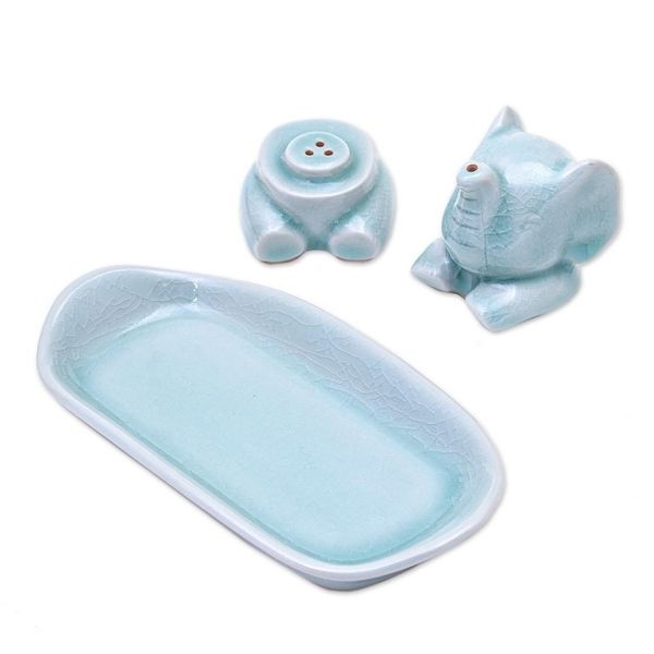 Alternate image for Celadon Elephant Salt and Pepper Set in Aqua 3 Pieces Magic Elephant in Aqua