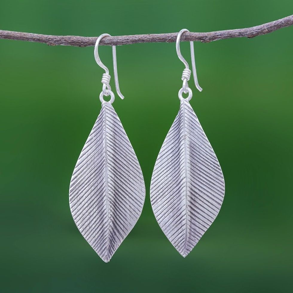 Sterling Silver Dangle Earrings Leaves 'Tulsi Leaf'