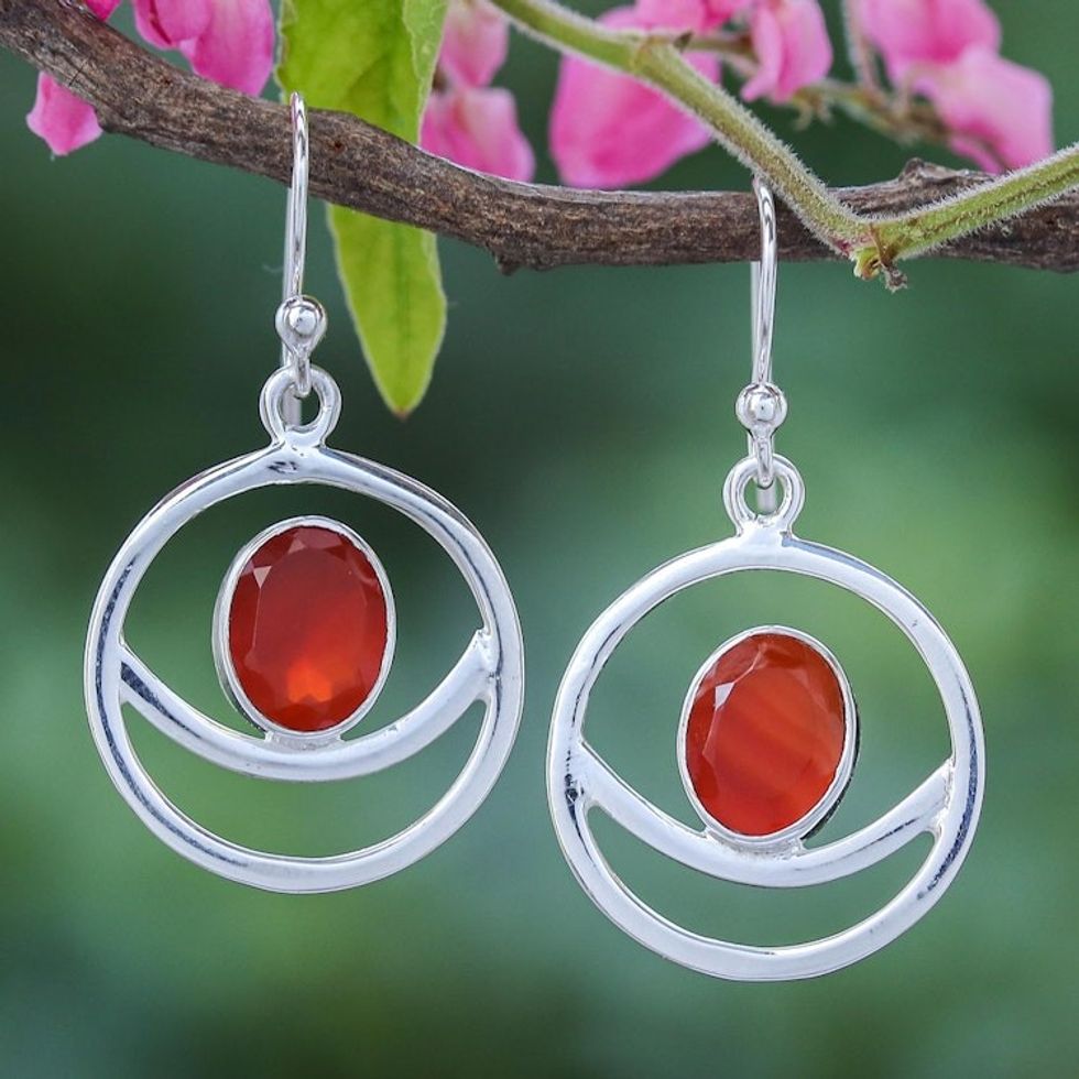 Carnelian and Sterling Silver Dangle Earrings 'Grinning Moon in Orange'