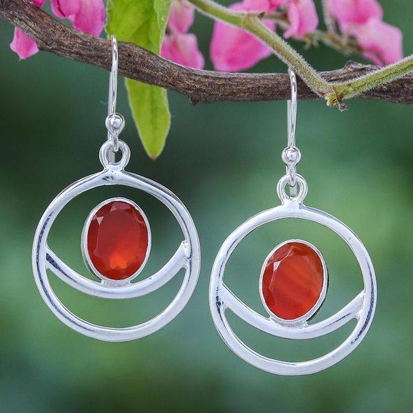 Alternate image for Carnelian and Sterling Silver Dangle Earrings Grinning Moon in Orange
