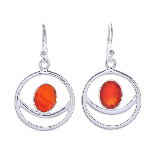 Alternate image for Carnelian and Sterling Silver Dangle Earrings Grinning Moon in Orange