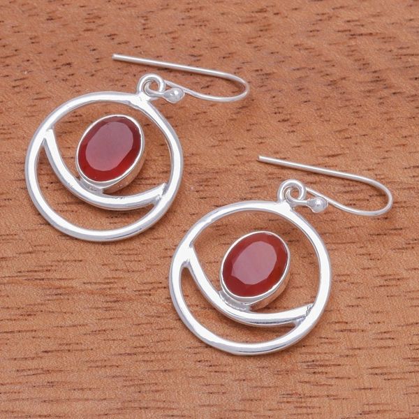 Alternate image for Carnelian and Sterling Silver Dangle Earrings Grinning Moon in Orange
