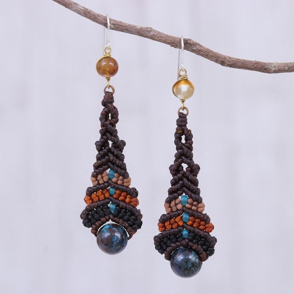 Agate Macrame Beaded Dangle Earrings 'Raindrop in Brown'