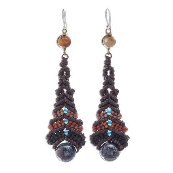 Alternate image for Agate Macrame Beaded Dangle Earrings Raindrop in Brown