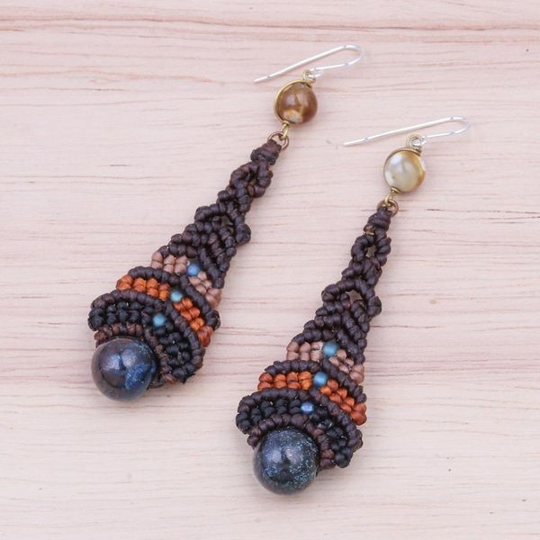 Alternate image for Agate Macrame Beaded Dangle Earrings Raindrop in Brown