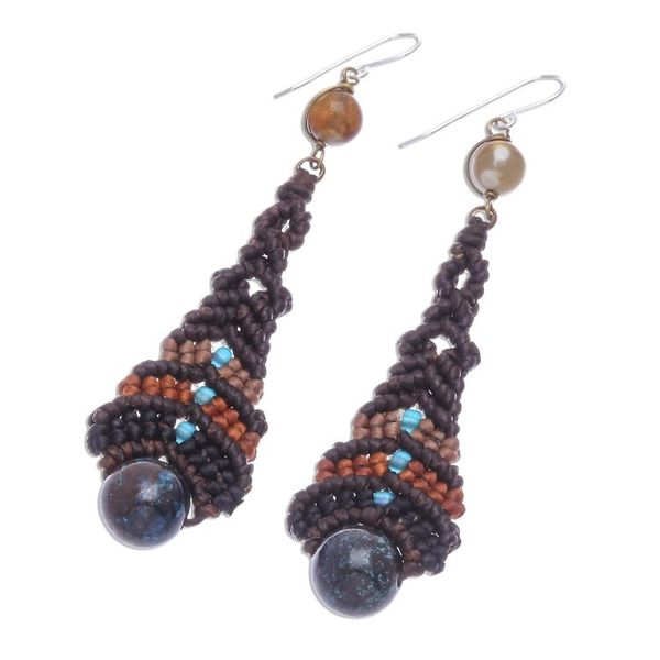Alternate image for Agate Macrame Beaded Dangle Earrings Raindrop in Brown