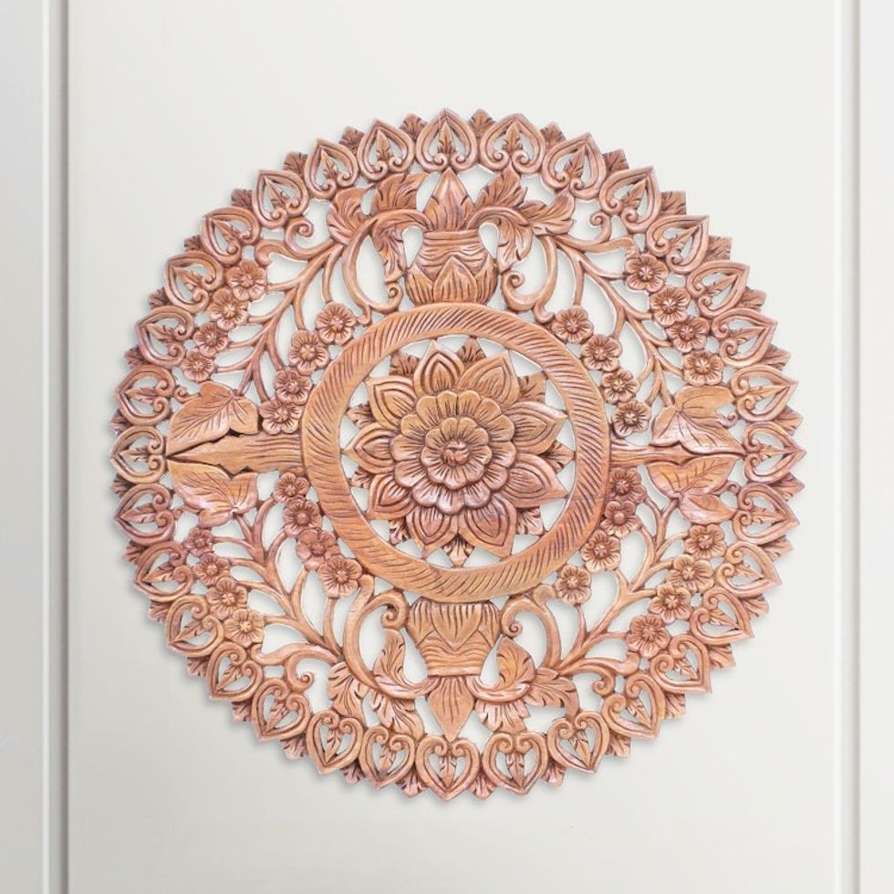 Reclaimed Teak Wood Lotus Flower Relief Panel 'Spiraling Lotus'