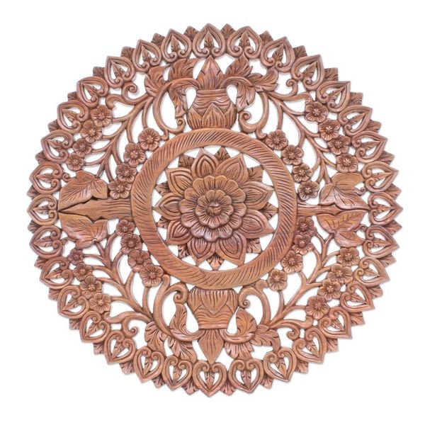 Alternate image for Reclaimed Teak Wood Lotus Flower Relief Panel Spiraling Lotus