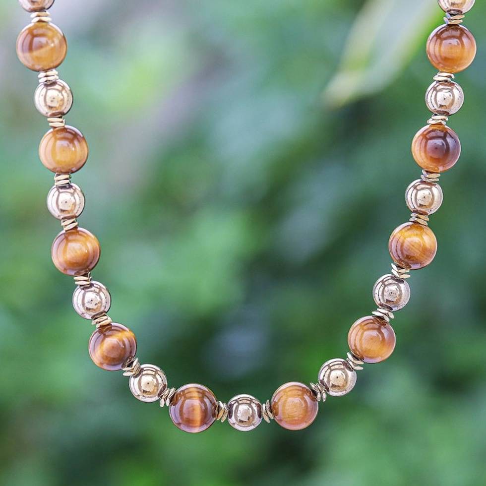 Gold-Accented Tiger's Eye and Hematite Beaded Necklace 'Tiger's Morning'