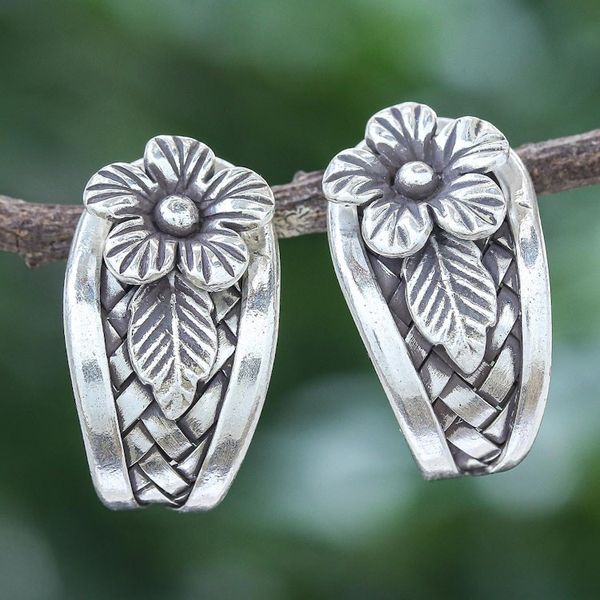 Alternate image for Hand Made Sterling Silver Floral Drop Earrings Woven Flowers