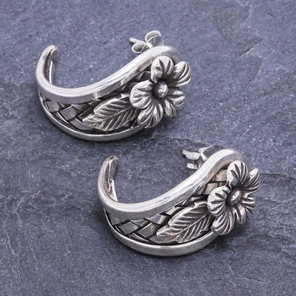 Alternate image for Hand Made Sterling Silver Floral Drop Earrings Woven Flowers