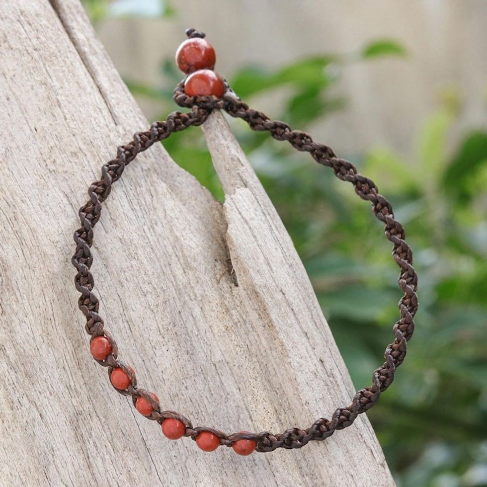 Red Jasper Beaded Macrame Ankle with Beaded Closure 'Thai Beach Chic in Red'