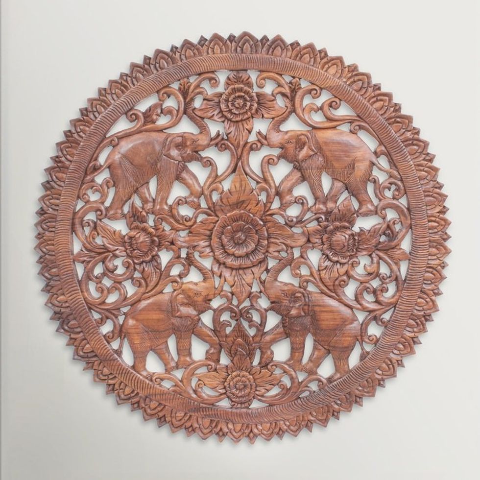 Reclaimed Teak Wood Elephant Relief Panel 'Elephant Quartet'