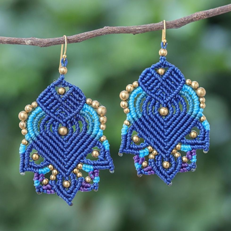 Handcrafted Gold-Accented Macrame Earrings 'Boho Blaze in Blue'