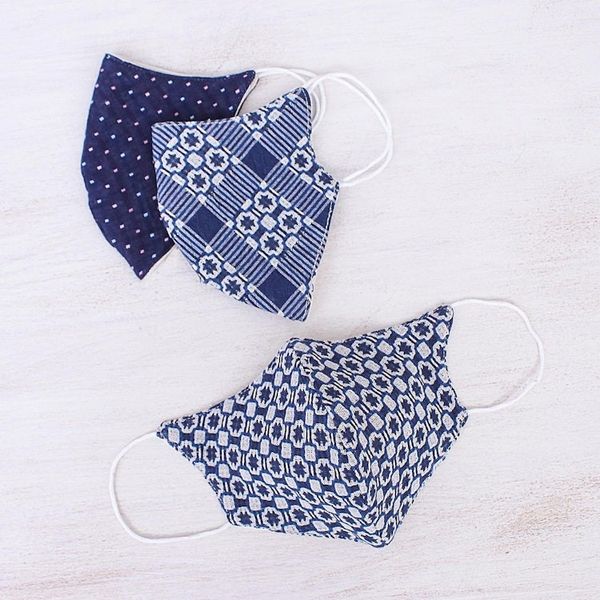 Alternate image for 3 Thai Handmade White Navy Blue Cotton Face Masks Cool Thai Blues
