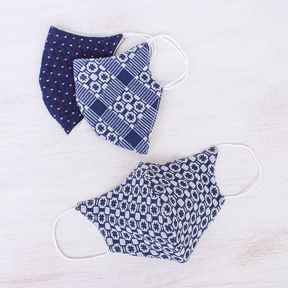 3 Thai Handmade White Navy Blue Cotton Face Masks 'Cool Thai Blues'