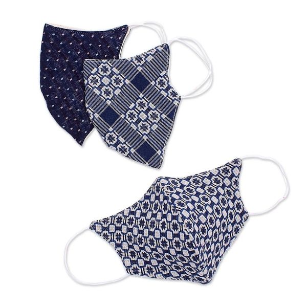 Alternate image for 3 Thai Handmade White Navy Blue Cotton Face Masks Cool Thai Blues