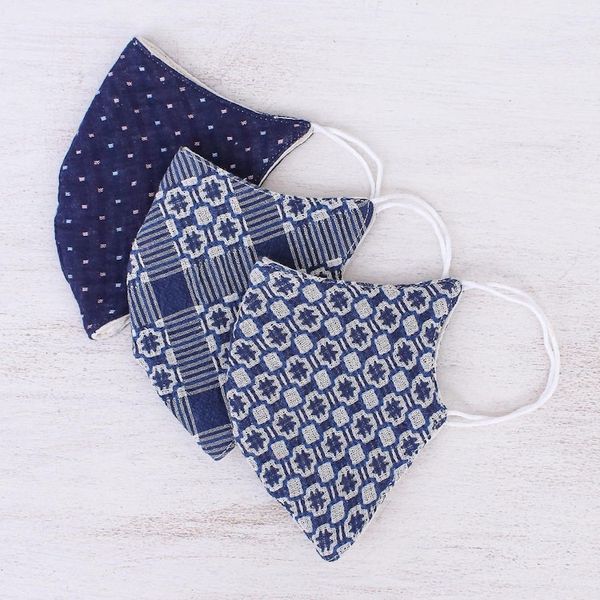 Alternate image for 3 Thai Handmade White Navy Blue Cotton Face Masks Cool Thai Blues