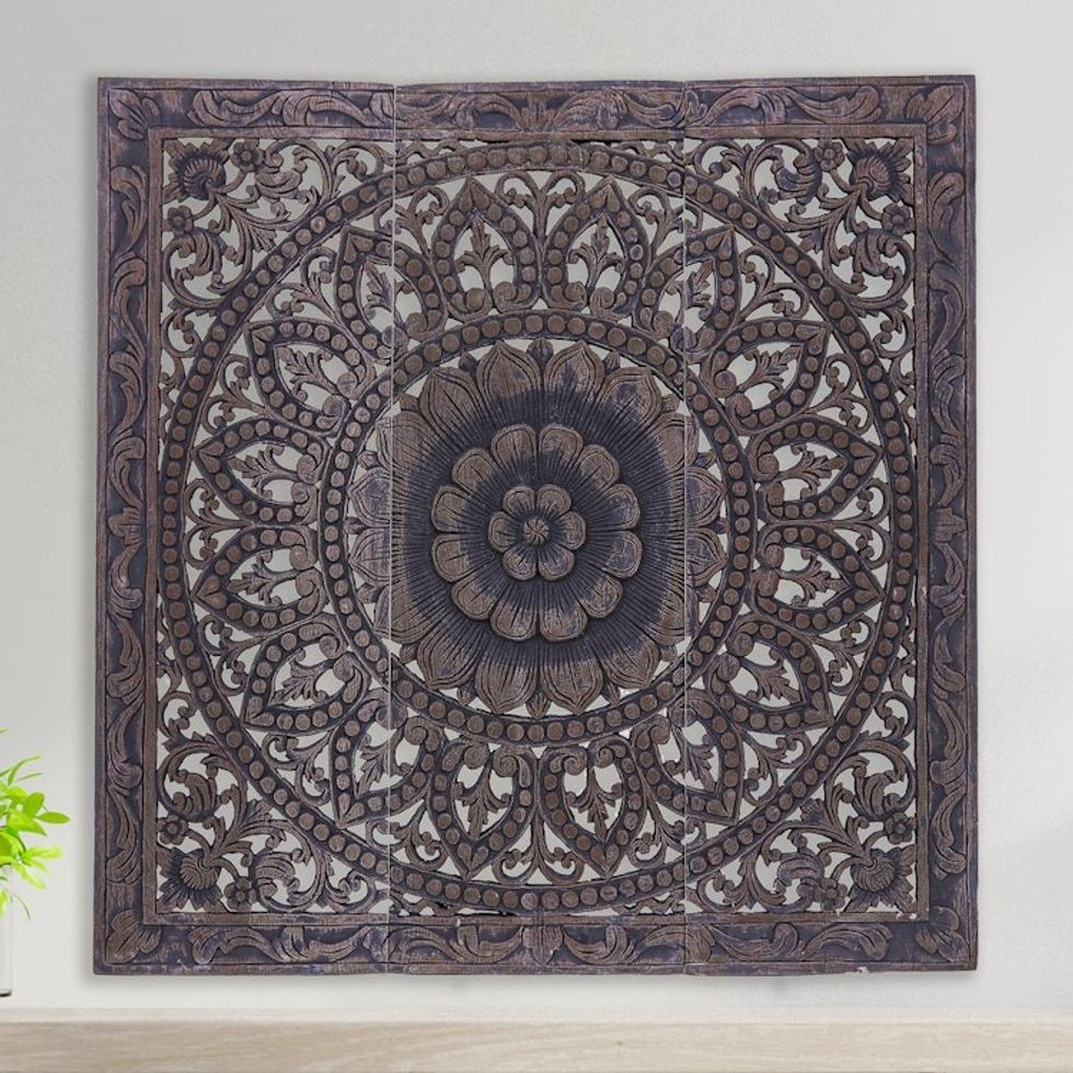Handmade Reclaimed Teak Wood Relief Panels Set of 3 'Unfolding Lotus'
