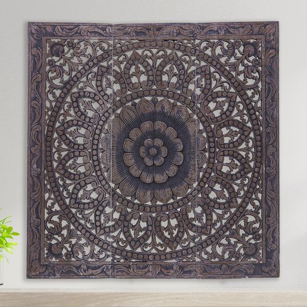 Alternate image for Handmade Reclaimed Teak Wood Relief Panels Set of 3 Unfolding Lotus
