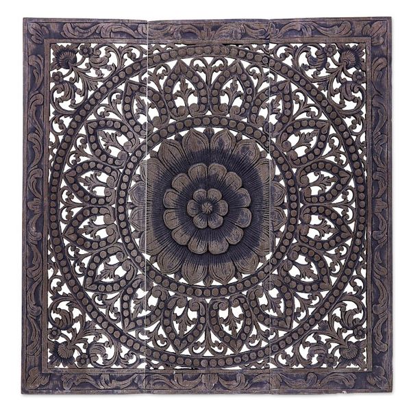 Alternate image for Handmade Reclaimed Teak Wood Relief Panels Set of 3 Unfolding Lotus