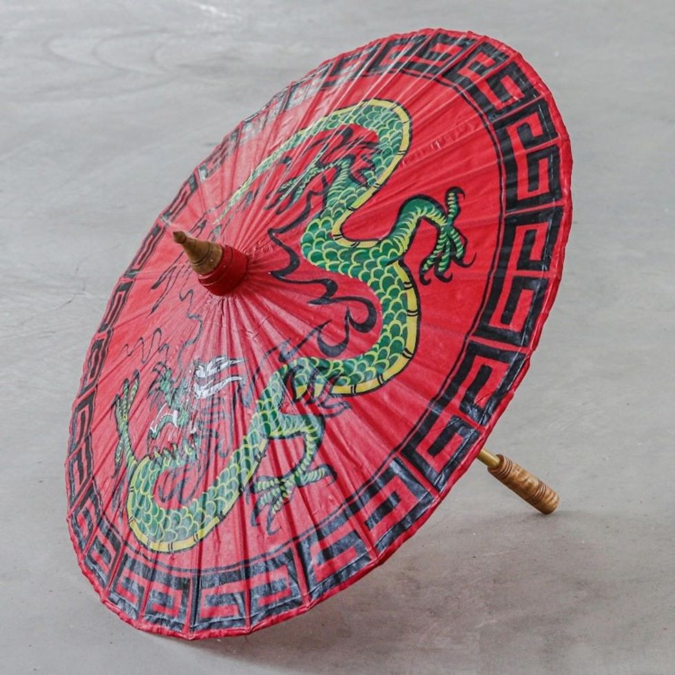 Hand-Painted Paper and Bamboo Dragon-Motif Parasol 'Lucky Dragon'
