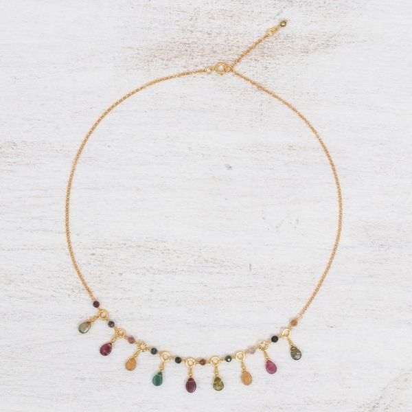 Alternate image for Natural Tourmaline 24k Gold Plated Waterfall Necklace Colorful Array